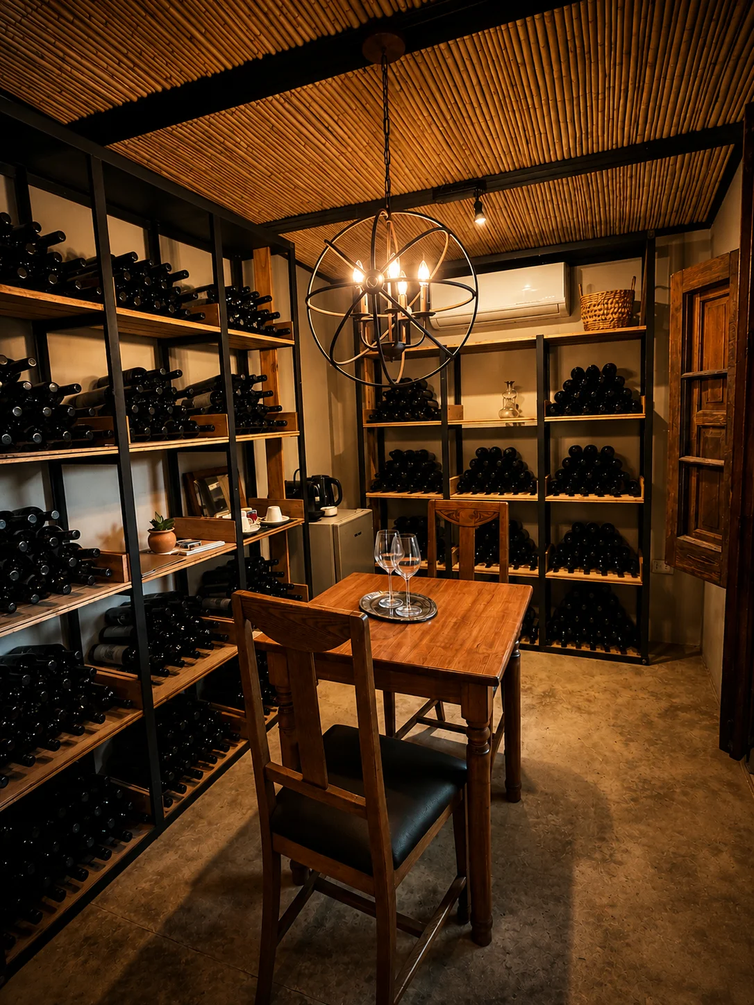 La mesa servida para dos dentro de la Cava, entre las botellas